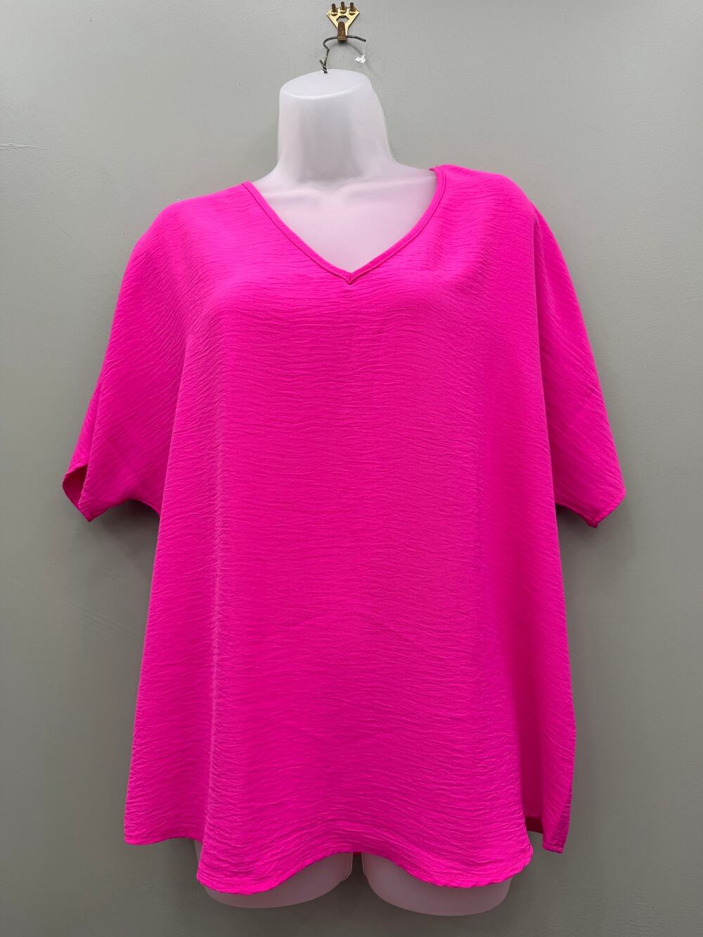 Entro Hot Pink Textured Blouse Medium Oversized V Neck Dolman Sleeve Top